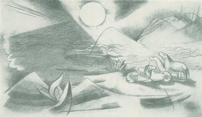 Ongerept landschap met zon, bergen, een groep paarden door Franz Marc