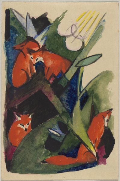 "Vier vossen", Franz Marc uit Sindelsdorf aan Wassily Kandinsky in München: Ansichtkaart, poststempel 04.02.1913 door Franz Marc