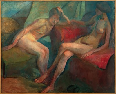 Twee naakten op rode sofa door Franz Nolken