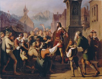 De als minnezanger verklede hertog Friedrich IV. geeft zich op de vlucht uit Konstanz aan zijn trouwe Tirolers te kennen door Franz Schams