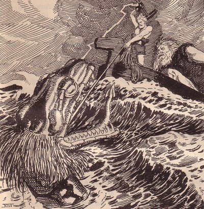 Thor en Hymir vissen. Illustratie voor De Edda: Germaanse goden en helden door Hans von Wolzogen door Franz Stassen