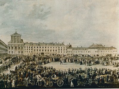 Ludwig van Beethovens begrafenisstoet in 1827 van het Schwarzspanierhaus naar de Heilige Drievuldigheidskerk in de Alsergasse, Wenen (aquarel) door Franz Stober