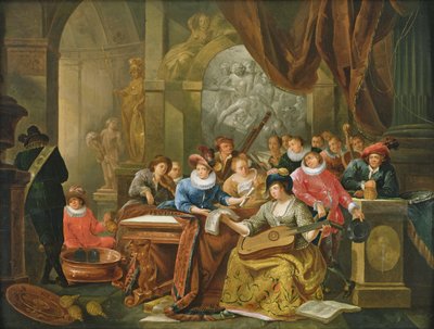 Muziekfeest in een paleisinterieur met beelden en kunstwerken door Franz Verbeeck or Verbeecq
