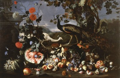 Een pauw en een hen met fruit en bloemen in een park door Franz Werner Tamm