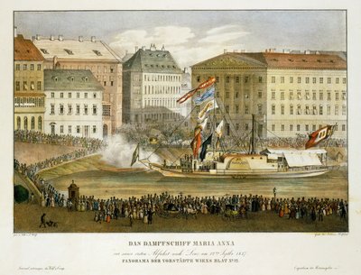 Het stoomschip Maria Anna, vertrek naar Linz 12 ... (litho) door Franz Wolf