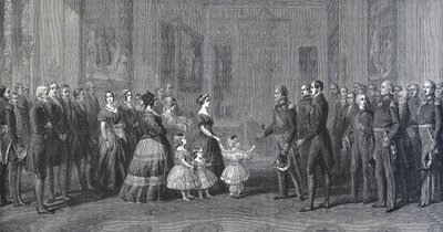 De koningin van Engeland Victoria ontvangt Louis-Philippe I, koning van Frankrijk in Windsor Castle, 8 oktober 1844. Gravure naar een schilderij van Winterhalter door Franz Xaver  Winterhalter (after)