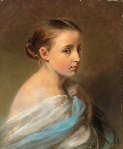Portret van een meisje, hoofd en schouders, gedrapeerd in een blauw-witte omslagdoek, ca. 1850 door Franz Xaver Winterhalter