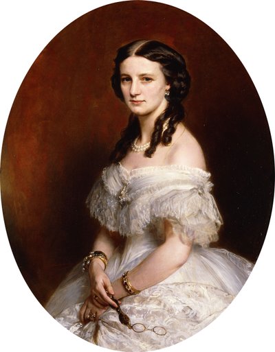 Portret van een dame, halve lengte, in een witte jurk en met een paar lunettes door Franz Xaver Winterhalter