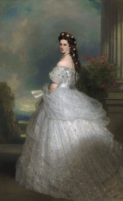 Portugees: Keizerin Elisabeth van Oostenrijk: haar haar is versierd met witgouden sterren bezet met diamanten. Keizerin Elisabeth van Oostenrijk in hoofse galakleding met diamanten sterren door Franz Xaver Winterhalter
