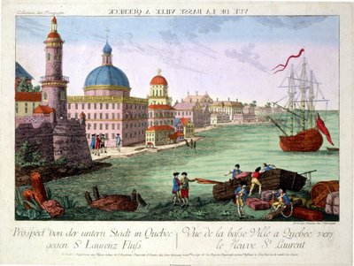 Zicht op de Benedenstad in Quebec richting de St. Lawrencerivier. Gravure door Franz-Xavier Habermann door Franz Xavier Habermann