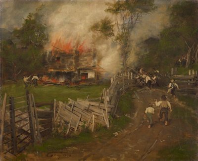 Het brandende Seppenhuis in Reith door Franz von Defregger