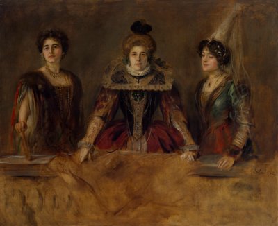 Groepsportret: Drie dames in kostuum (Fräulein Heuberger, Frau Obermayer en Frau Putz) door Franz von Lenbach