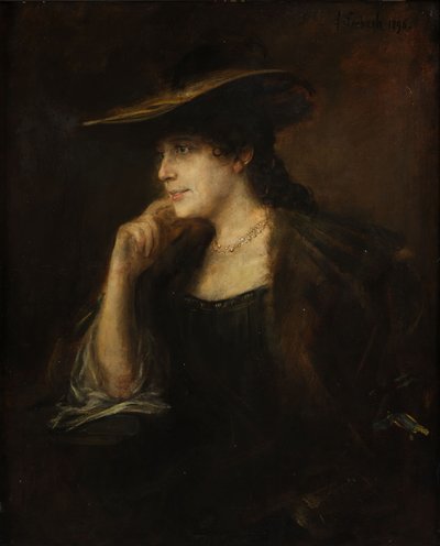 Portret van een jonge dame met bontkraag en breedgerande hoed door Franz von Lenbach