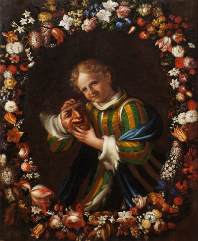 Kind met masker in bloemenkrans door Franz von Margety