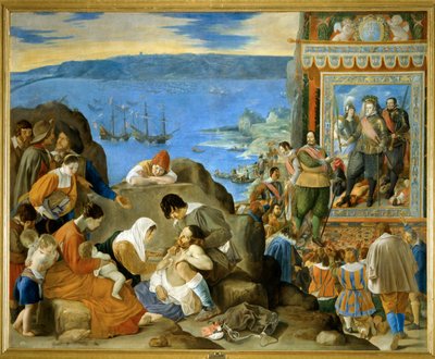 De herovering van Bahia in 1625 ... (schilderij op doek) door Fray Juan Batista Maino or Mayno