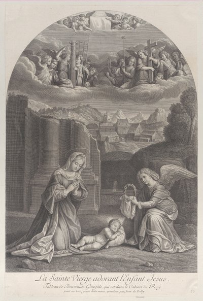 De Maagd Maria aanbidt het Christuskind, een engel houdt een doornenkroon vast aan de rechterkant, ca. 1729 door Frédéric Horthemels