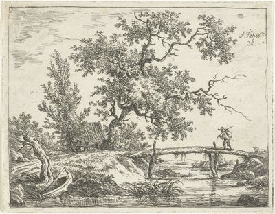 Landschap met man op brug door Frédéric Théodore Faber