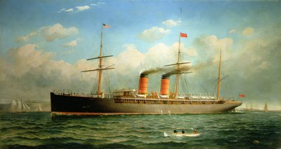 De Cunard Liner R.M.S. Umbria bij Brooklyn Heights, aan de East River, New York door Fred Pansing