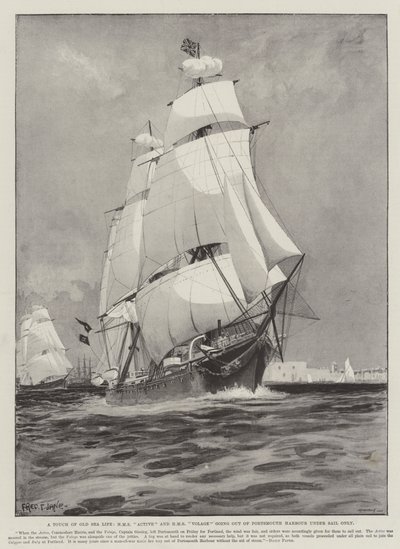 Een vleugje oud zeemansleven, HMS Active en HMS Volage verlaten de haven van Portsmouth alleen onder zeil door Fred T. Jane