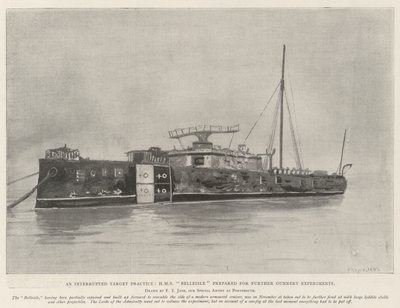 Een onderbroken schietoefening, HMS Belleisle voorbereid voor verdere schietexperimenten door Fred T. Jane