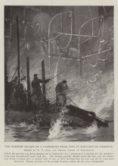 De Nauwe Ontsnapping van een Onderzeeër uit Brand in de Haven van Portsmouth door Fred T. Jane