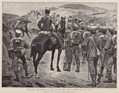 De oorlog, de mars van de Jappen op Ping-Yang, een controle op de weg (litho) door Frederic (after) Villiers