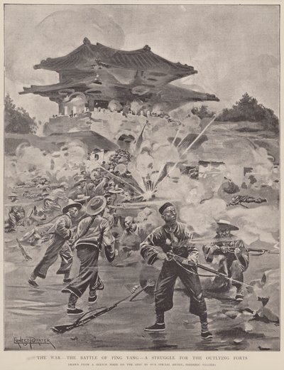 De oorlog, de slag om Ping Yang, een strijd om de buitenforten (litho) door Frederic (after) Villiers