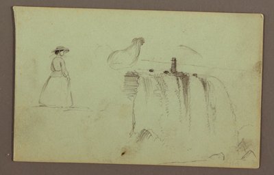 Een Wandelend Meisje, een Hurkende Kip en de Amerikaanse Watervallen aan de Niagara Rivier door Frederic Edwin Church