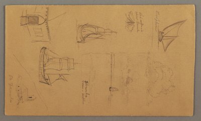 Tekening, Bootstudies, Wolkenstudie, Twee gebouwen, mogelijk 1868 door Frederic Edwin Church