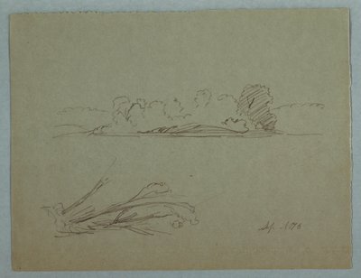 Tekening, Botanische schetsen: landschap, bomen aan een oever, september 1876 door Frederic Edwin Church