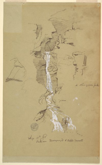 Tekening, Waterval tussen Ceppo Morelli & Macugnaga door Frederic Edwin Church