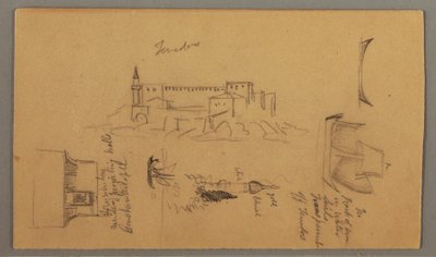 Tekening, Kasteel, Minaret, Zeilboten, Huis, mei 1868 door Frederic Edwin Church