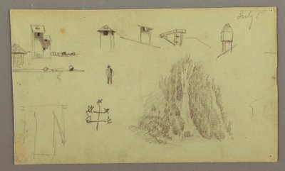Tekening, Schoorstenen, Watervallen, Figuur, etc., juli mogelijk 1868 door Frederic Edwin Church