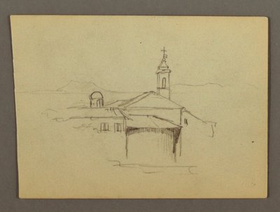 Tekening, kerktoren aangrenzende gebouwen, mogelijk 1868-69 door Frederic Edwin Church