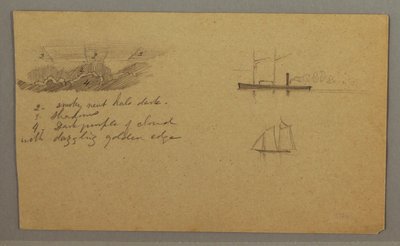 Tekening, Wolkenstudie, stoomschip, zeilboot, mogelijk 1865-66 door Frederic Edwin Church