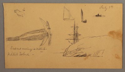 Tekening, Hond, zeilbootstudies, anker, kliffen, mogelijk 8 juli 1859 door Frederic Edwin Church