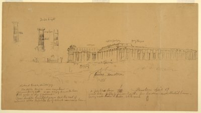 Tekening, Dorische Griekse tempels van Athena (voorheen Ceres), Hera II (voorheen Neptunus), en Hera I (voorheen Basilica), Paestum, Salerno, Italië, april 1869 door Frederic Edwin Church