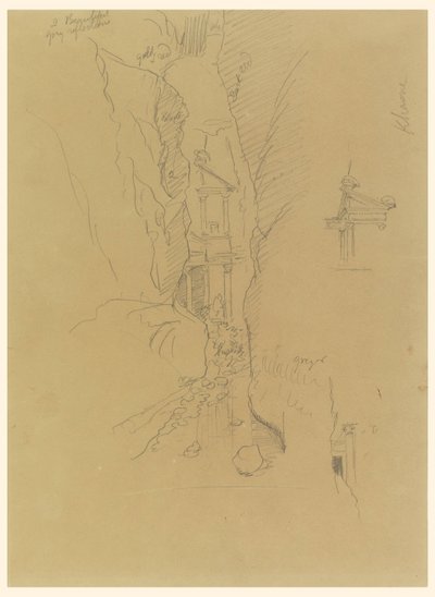 Tekening, El Khasneh van de Sik, Petra, eind februari 1868 door Frederic Edwin Church