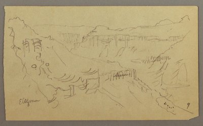 Tekening, El Yemen-vallei, Arabië: Uitzicht op kronkelende vallei met een karavaan, 20 februari 1868 door Frederic Edwin Church