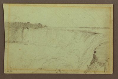 Tekening, Horseshoe Falls met een dubbele regenboog, Niagara River, Canada, 1856 door Frederic Edwin Church