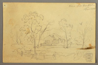 Tekening, Huis in het bos bij een beek, april 1845 door Frederic Edwin Church