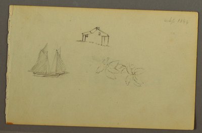 Tekening, Huis, zeilboot, plant, september 1844 door Frederic Edwin Church