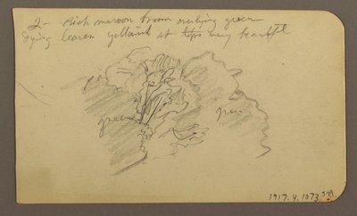 Tekening, Landschap, huizen; Verso: Boomtop, februari 1885 door Frederic Edwin Church