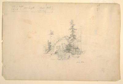 Tekening, blokhut omringd door bomen, juli 1844 door Frederic Edwin Church