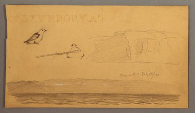 Tekening, Man in boot, vogel, kliffen, kust, 6 juli 1859 door Frederic Edwin Church