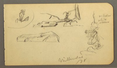 Tekening, Man in boot, rotsblokken, boomstam, bomen, 1878 door Frederic Edwin Church