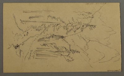 Tekening, Bergtoppen, twee figuren in een roeiboot, augustus 1868 door Frederic Edwin Church
