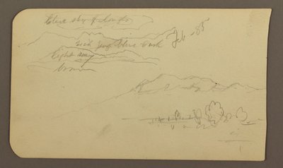 Tekening, Bergketens, Cuautla, Kerk; Verso: hurkend paard, landschapsnotities, februari 1885 door Frederic Edwin Church