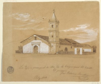 Tekening, Parochiekerk van Onze-Lieve-Vrouw van Chiquinquira del Cerrito, Chiquinquira, Colombia, juli 1853 door Frederic Edwin Church