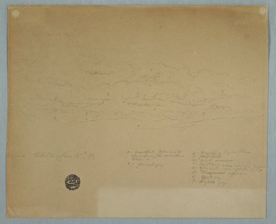 Tekening, Regen uit een bewolkte hemel boven bergruggen, Hacienda Chillo, Ecuador, 27 juli 1857 door Frederic Edwin Church